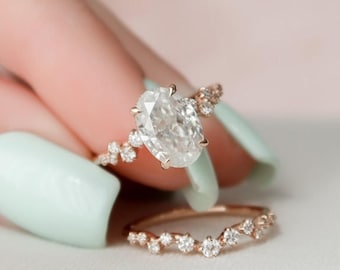 Oval Moissanite Engagement Ring Set: 18K Gold Diamond Bridal Stacking Band