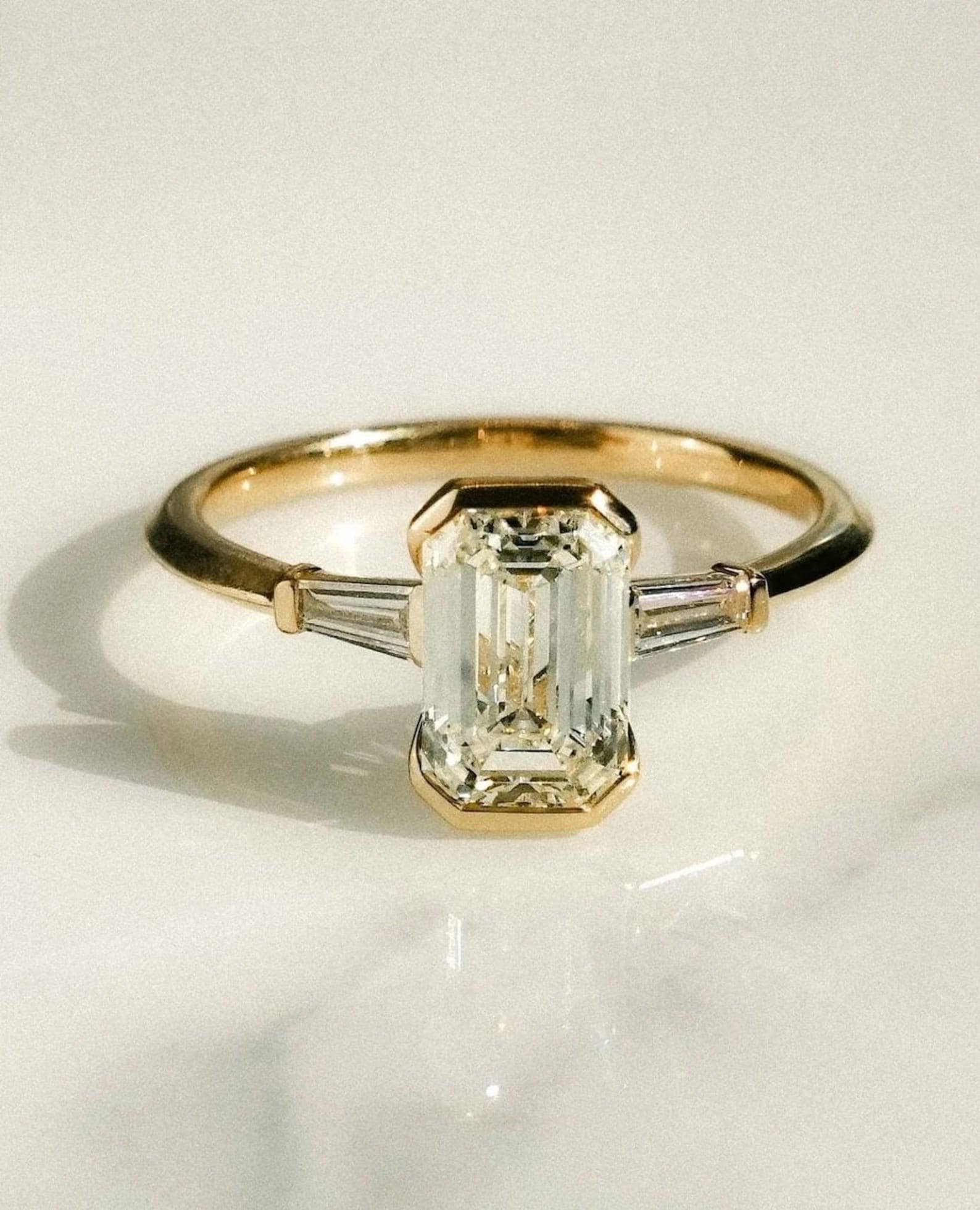 Emerald Cut Moissanite Engagement Ring: 14K Gold Three Stone Baguette Ring
