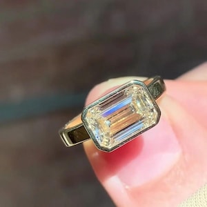 Solitaire Emerald Cut Moissanite Engagement Ring, Wide Band Proposal Ring, Moissanite Wedding Ring, Thick Cigar Band Gift Ring for Women