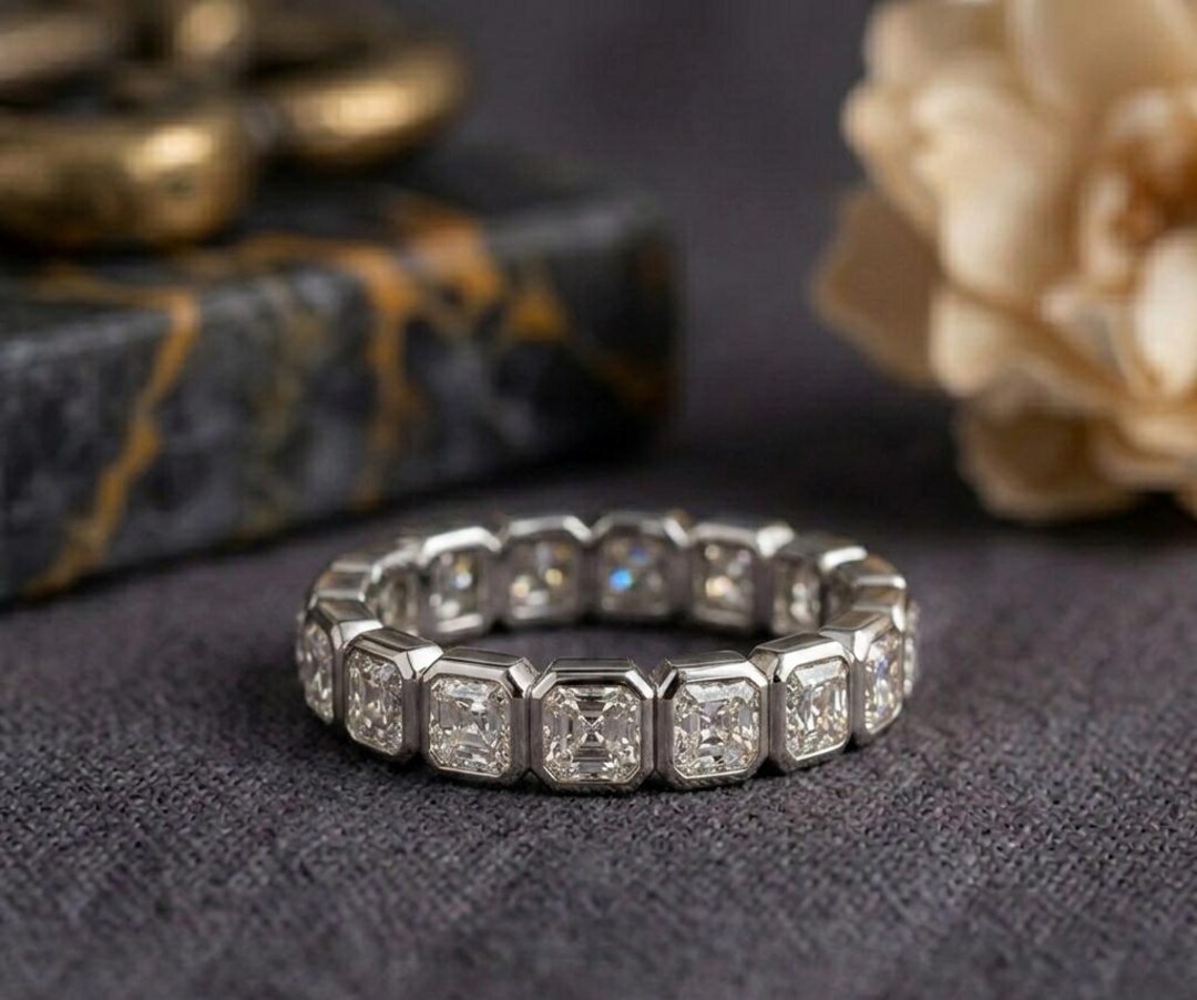 Bezel Set Asscher Cut Moissanite Band, Full Eternity Wedding Band ...