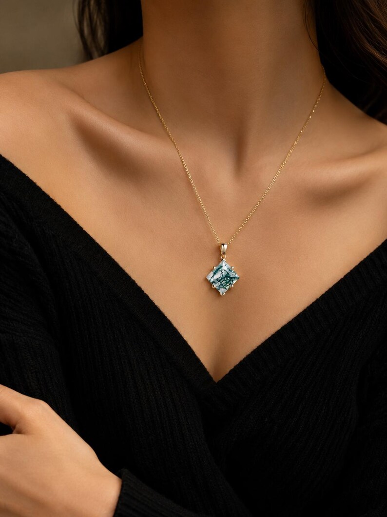 Kite Cut Moss Agate Necklace, Rose Gold Moss Agate Pendant, Solitaire ...