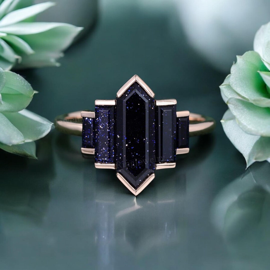 Hexagon Cut Blue Sandstone Ring Vintage Rose Gold Engagement Ring ...
