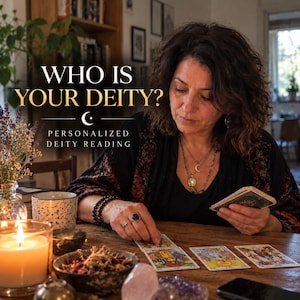 May include: A personalized deity reading service featuring tarot cards laid out on a wooden table. The text reads WHO IS YOUR DEITY? PERSONALIZED DEITY READING. The scene includes a lit candle, a bowl of dried herbs, and crystals on the table.
