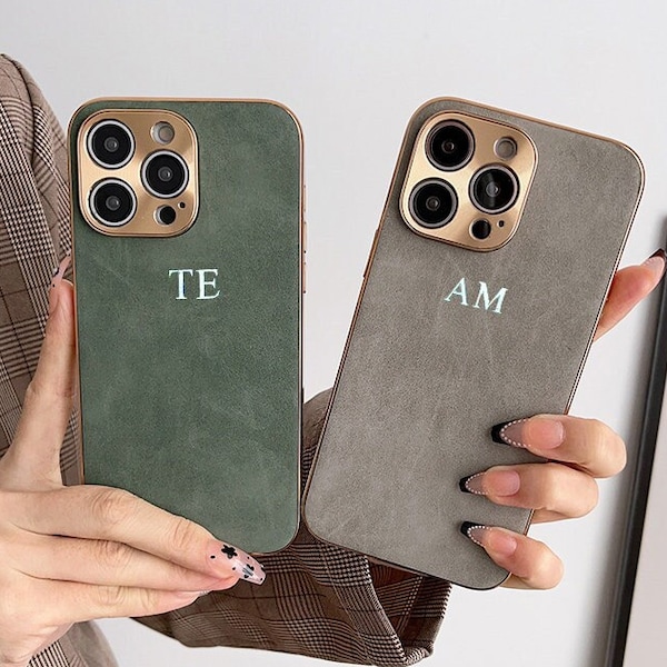 Étui de téléphone personnalisé en cuir suédé pour iPhone 15,14,13,12,11 Plus, Pro, Pro Max | Étuis pour téléphone en cuir monogramme lettres initiales personnalisées