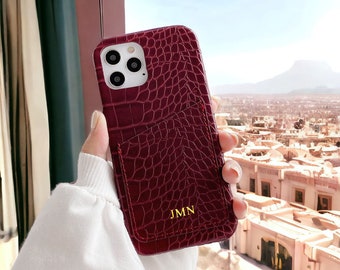 Personalized Croc Leather Phone Cover with Wallet, Custom Embossed iPhone Case with Monogram Initial Letters, Gifts for Her or Him
