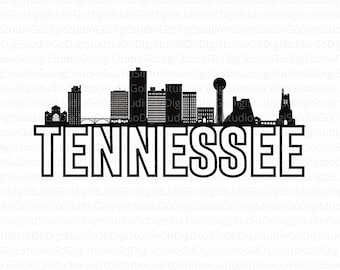 May include: Black and white silhouette of the Nashville skyline with the word "TENNESSEE" underneath. The skyline includes the AT&T Building, the Ryman Auditorium, and the Country Music Hall of Fame. The image also includes the text "SVG | JPG | PNG | PDF AI | DXF | EPS".