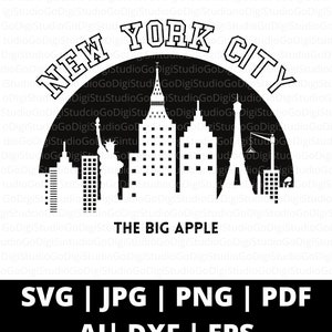 May include: Black and white silhouette design of the New York City skyline with the text "NEW YORK CITY" and "THE BIG APPLE" in a white circle. The skyline includes the Empire State Building, the Statue of Liberty, and the Eiffel Tower.