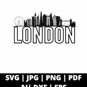 May include: Black and white silhouette of the London skyline with the word "LONDON" in bold letters below. The skyline includes iconic landmarks such as Big Ben, the London Eye, and Tower Bridge.