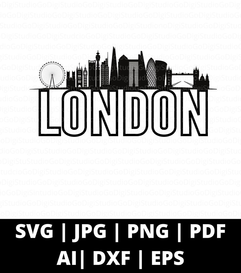 May include: Black and white silhouette of the London skyline with the word "LONDON" in bold letters below. The skyline includes iconic landmarks such as Big Ben, the London Eye, and Tower Bridge.