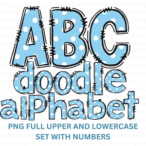 Hellblaue Tupfen Alphabet Buchstaben, Polka Dot Alphabet Doodle, PNG Bundle Alphabet, Doodle Alpha Sets, Alphabet Doodle Sublimation PNG