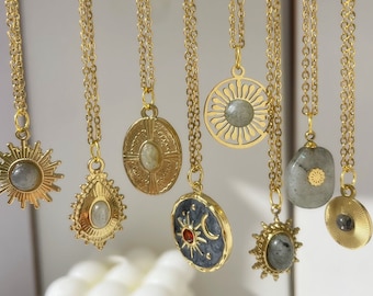Gray Natural Stone Gold Necklace for Women, Gold Pendant, Stainless Steel Gold Sun Jewelry, Gold Charm, Gold Long Necklace Chain