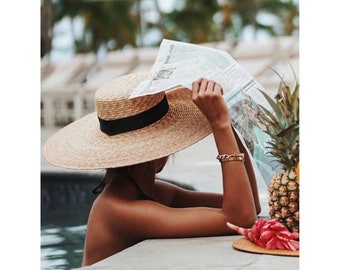 Natural Straw Panama Hat, Sun Hat, Black Headband Beach Hat, Hat For Women, Flat Top, Sun Protection