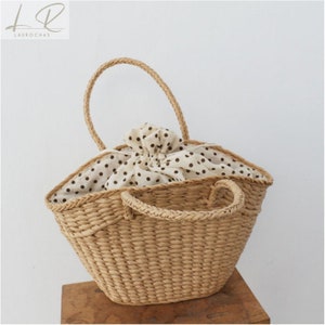 Cesta de mimbre hecha a mano, bolso de lunares para mujer, bolso de playa, bolso de paja, bolso de compras, bolso supermercado, bolso cubo
