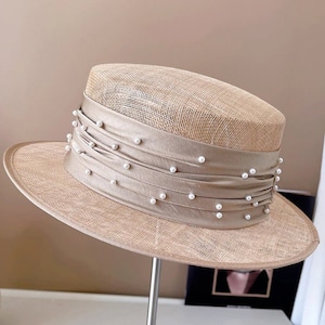 Zijden linnen en parelhoed, Vintage Franse hoed, Luxe topgerecht, elegante dameshoed, Hoge kwaliteit
