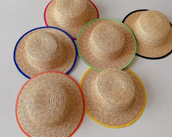 Small Fedora Hat for Kids, Natural Wheat Straw Hat with Colored Brim for Boys and Girls, Kids Hat 2 Years - 6 Years Old