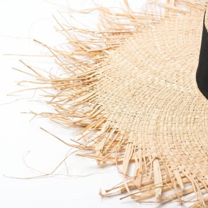 May include: Close-up of a straw hat with a frayed edge. The hat is made of woven straw and has a natural color.