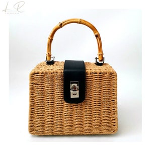 Bolso con asa de bambú, Cuero vegano, Bolso bandolera tejido, Bolso de playa, Bolso tejido con cuerda de paja Beige Marrón negro