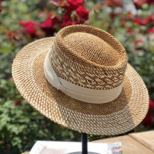Handgeweven strohoed, elegante vrouwen, Panama Boat Beach Hat, platte top, hoofddeksels, casual, cadeau voor vrouwen