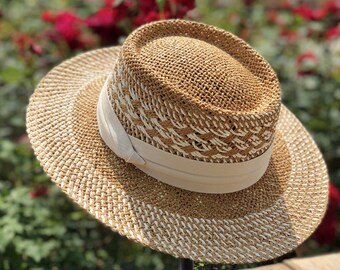 Hand Woven Straw Hat, Elegant Women, Panama Boat Beach Hat, Flat Top, Headwear, Casual, Gift for Women