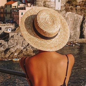 Handgeweven Florentijnse strohoed voor vrouwen, Panama Beach Hat, zwart of wit lint, cadeau voor vrouwen