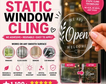Adhesivos personalizados transparentes y blancos para ventanas / Pegatinas estáticas reutilizables para escaparates / Calcomanías con logotipo y horario de apertura de la empresa