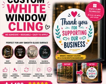 Adhesivos personalizados blancos y transparentes para ventanas / Calcomanías estáticas reutilizables para ventanas / Logotipo de empresa, horario de apertura y señalización de tienda
