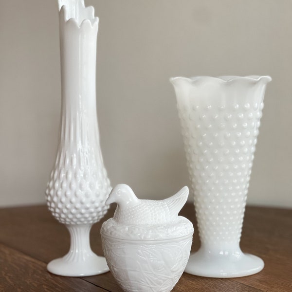 Vintage Milk Glass Vases / Tall Milk Glass / Pick Your Vase / Hobnob Vase Set / Avon Bird Dish