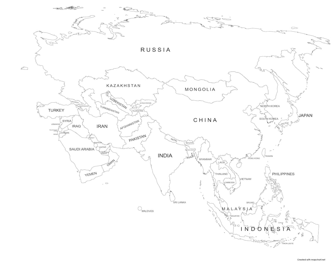 Asia Countries Map With Borders Instant Download Etsy