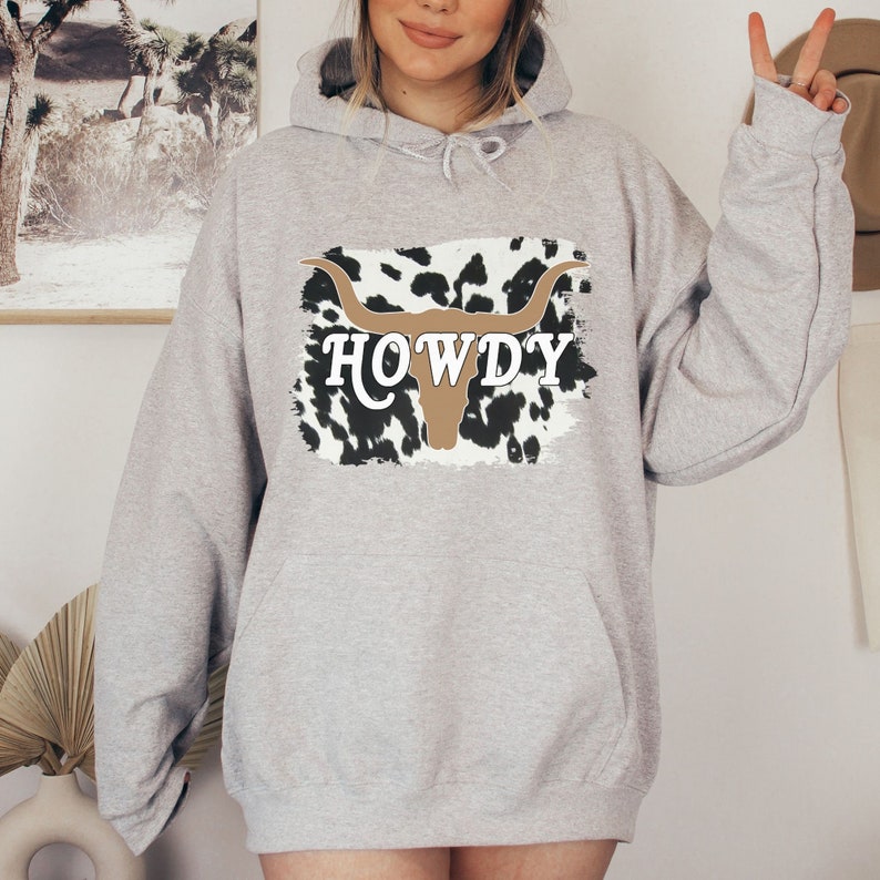 Howdy Western Hoodie Cow Print Hoodie Western Sweatshirt Etsy