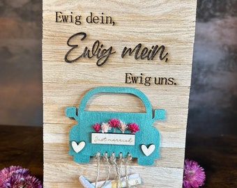 Geschenk zur Hochzeit/ Geldgeschenk/ Hochzeitsgeschenk/ Geld/ Auto/ Brautpaar/ Holz/ personalisiertes Geschenk zur Hochzeit/ Wunschtext