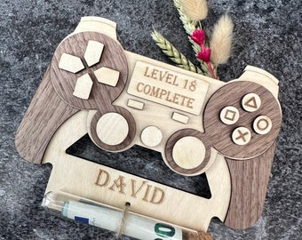 Controller Karte/ Zocker Karte/ mit Name & Zahl/ Wunscherfüller/ Geschenkkarte aus Holz/ Geburtstagskarte / Überraschung/ Geldgeschen