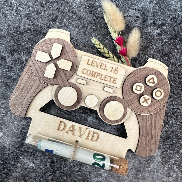 Controller card/gamer card/with name & number/wish fulfiller/wooden gift card/birthday card/surprise/money gift