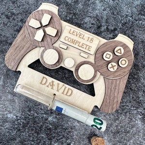 Controller Karte/ Zocker Karte/ mit Name & Zahl/ Wunscherfüller/ Geschenkkarte aus Holz/ Geburtstagskarte / Überraschung/ Geldgeschen Bild 3