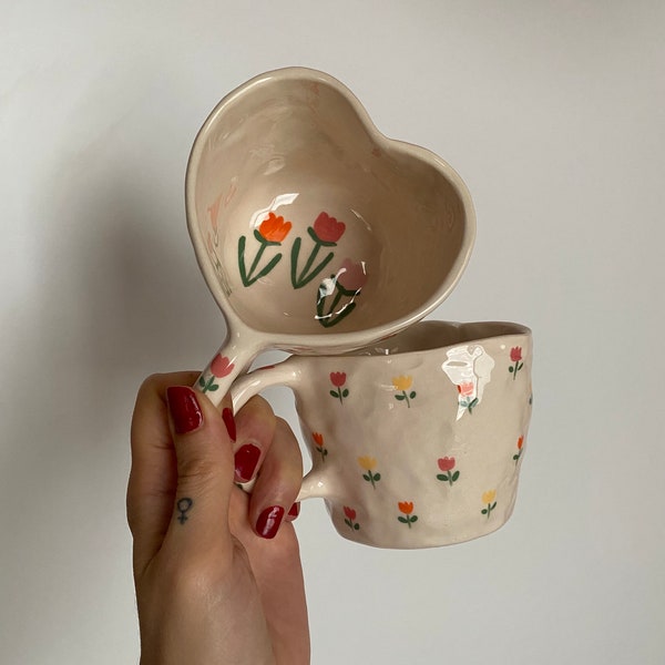 taza hecha a mano en forma de corazón, taza de cerámica de corazón- 350 ml