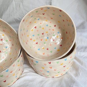 Handmade Ceramic Bowl: Rainbow Hearts Whimsical Pottery
