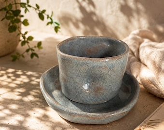 Hand-built Ceramic Espresso Cup and Saucer, Blue-Gray Glaze Pinch Pot Set