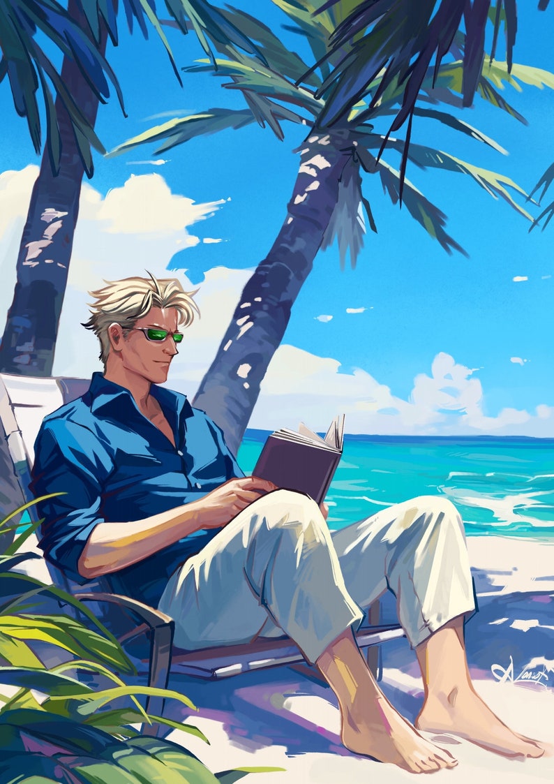 May include: A man wearing sunglasses sits in a beach chair under palm trees, reading a book. The beach is visible in the background, with turquoise water and white sand.