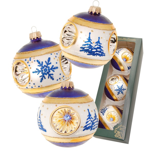 Boules en verre bleu/argent/or brillant de 8 cm avec reflet 3 fois, soufflées à la bouche et décorées à la main avec un arbre et une étoile de neige parsemés de paillettes bleues