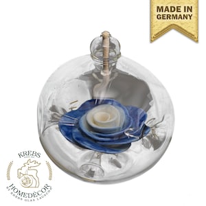 Glass oil lamp with blue porcelain rose