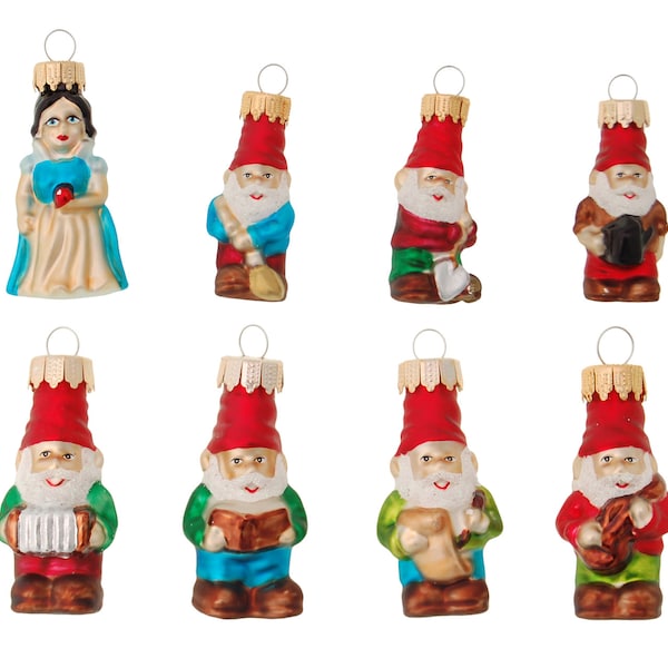 Multicolor 7cm Mini Märchenfiguren, Schneewittchen und die 7 Zwerge, Glasornamente, mundgeblasen und handdekoriert