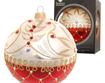 Bola de cristal "Glanz & Gloria", satén plateado/rojo, elaboradamente decorada con pedrería, 10 cm en caja de regalo