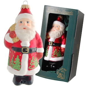 Rot/Weiß 14cm Santa mit Bäumen, Glasornament, mundgeblasen, handbemalt