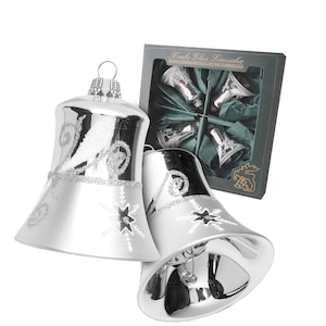 Campana de 7 cm, plata brillo/mate, cuádruple, adornos de cristal, soplado a boca, pintada a mano.