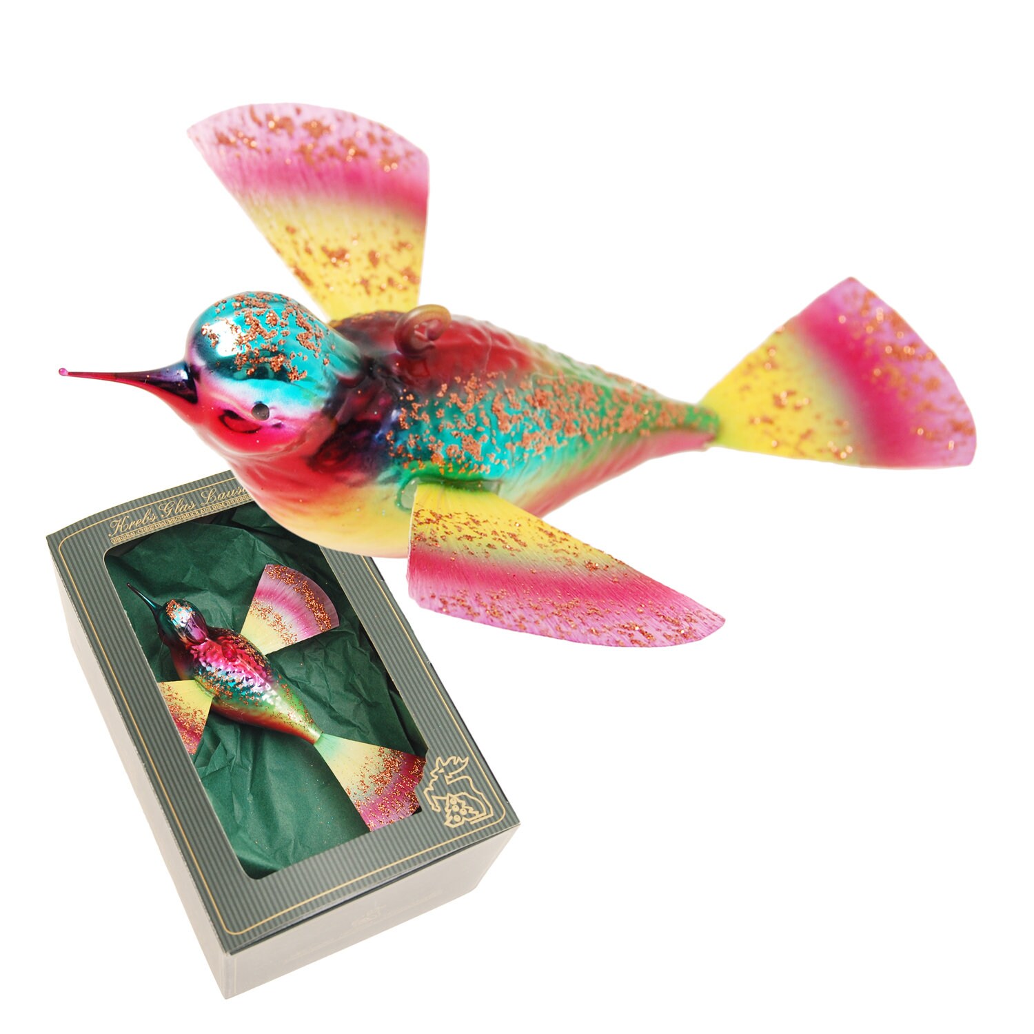 Multicolor 11 cm fantasy glass bird with fiberglass wings and tail, mouth-blown and hand-painted