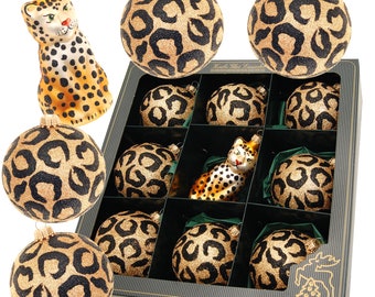 Glass ball set Africa Xmas, 9 pieces, 8 balls leopard look, 1 leopard, 8 cm