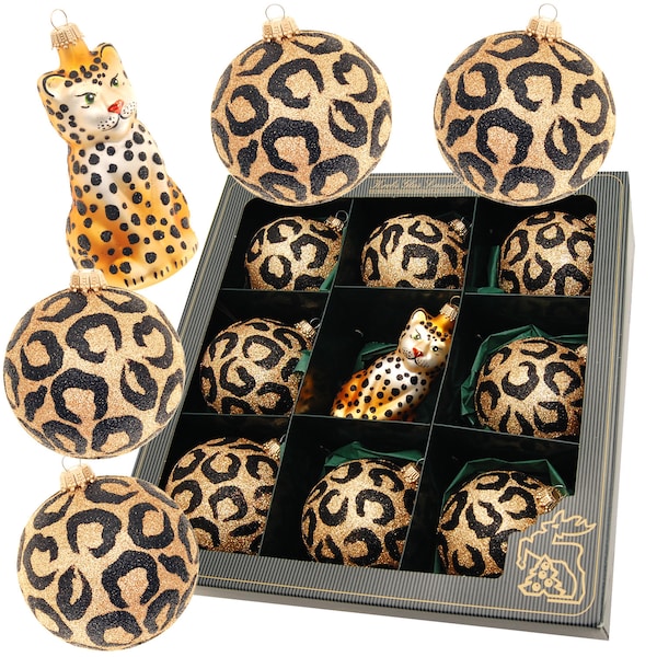 Glaskugelset Africa Xmas, 9-teilig, 8 Kugeln Leopard Look, 1 Leopard, 8cm