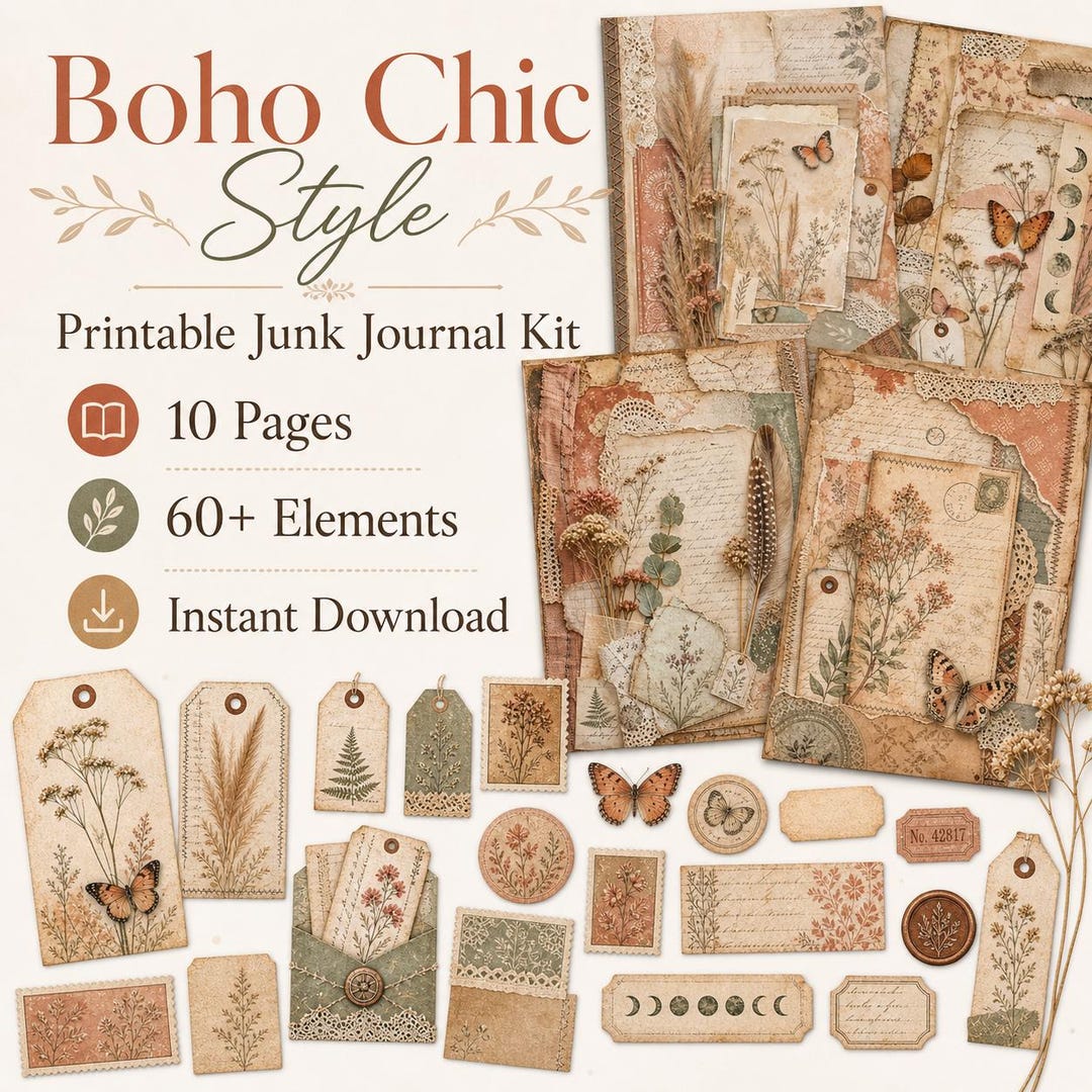 Boho Chic Style Junk Journal Kit Printable Ephemera Scrapbook Digital ...