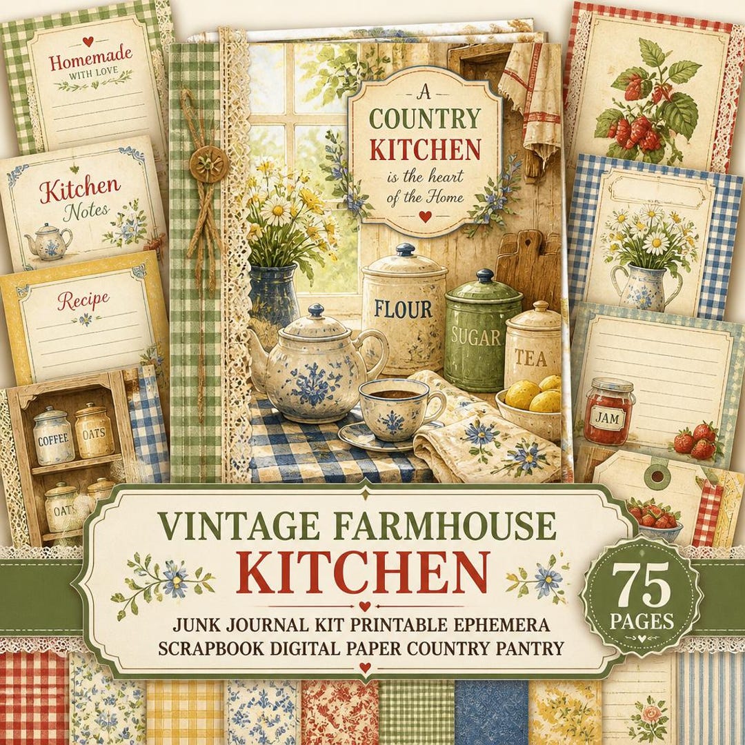 Vintage Farmhouse Kitchen Junk Journal Kit Printable Ephemera Scrapbook ...