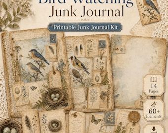 May include: A printable junk journal kit with a bird watching theme. The kit includes pages, tags, and elements with illustrations of birds, nests, and botanical elements. The color palette is soft, with beige, blue, and brown tones. The text on the image says "Bird Watching Junk Journal".
