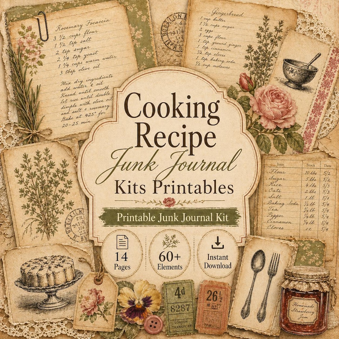 Cooking Recipe Junk Journal Kit Printable, Ephemera Scrapbook Digital ...